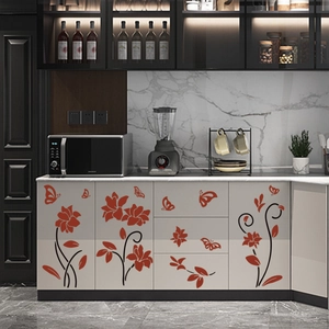 Red flower and butterfly wall decal set for kitchen cabinets and home decor