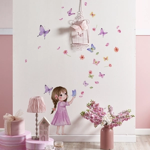 Adesivi murali bambina e farfalle rosa per decorazione camera da letto per bambini