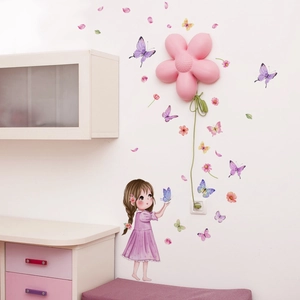 Adesivi murali bambina cartoon e farfalle viola per decorazione camera dei bambini