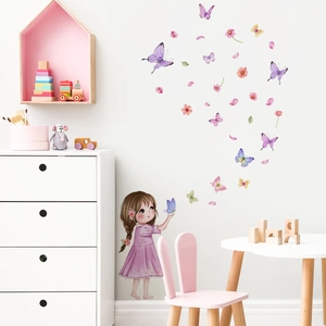 Adesivi murali bambina cartone animato e farfalle viola per decorazione camera bimbi
