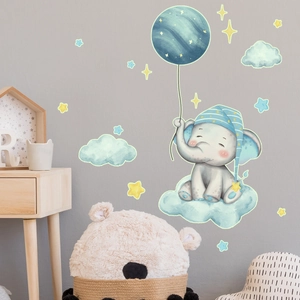 Nursery wall sticker with elephant holding a planet balloon on soft blue clouds
