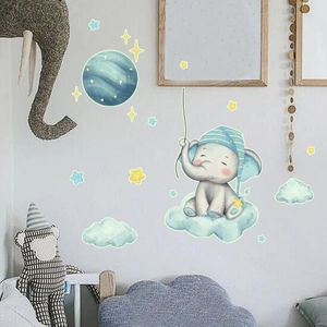 Glow in the dark elephant on cloud wall decal with moon and stars for nursery