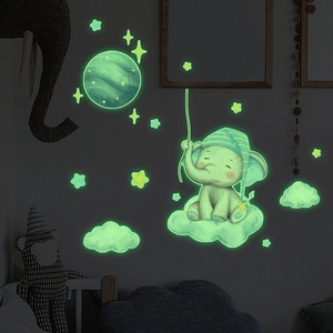 Luminous elephant on moon with stars wall stickers for kids bedroom decor