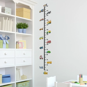 Detailed growth chart wall decal with cartoon vehicles for kids room decor