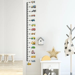 Cartoon car height chart wall sticker for kids rooms featuring vehicles from 50 to 180cm