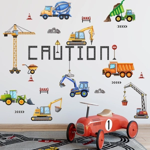 Construction vehicle wall decals featuring excavators and cranes for kids room decor