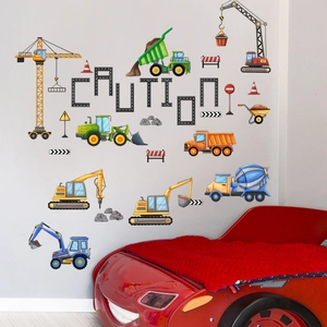 Detailed wall sticker set featuring cartoon construction trucks and caution signs for kids