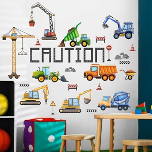 Cartoon construction vehicle wall stickers for children's room with caution letter sign