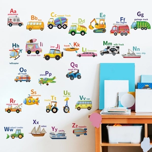 Alphabet Wandtattoo für Kinderzimmer mit bunten Cartoon Fahrzeugen von A bis Z