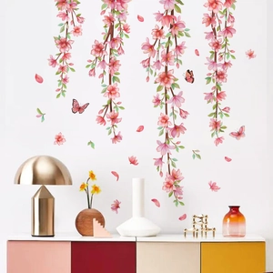 Stickers muraux fleurs de cerisier roses avec papillons pour décor de salon moderne