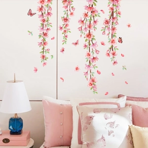 Stickers Muraux Pastoraux en PVC Fleur de Cerisier Rose Glycine Violette Avec Papillon Décalcomanies Florales Amovibles Pour Chambre Salon