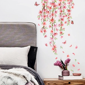 Stickers muraux fleurs roses et papillons pour décoration de salon et chambre