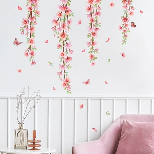Stickers muraux fleurs de cerisier rose avec vignes fleuries et papillons pour la maison