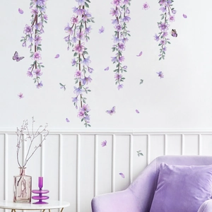 Purple Wisteria Flower Vine Wall Sticker Removable PVC Butterfly Floral Mural For Bedroom Living Room Home Decor
