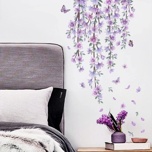 Purple wisteria flower wall decals with butterflies for a cozy bedroom wall decor