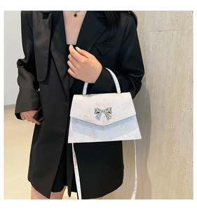 Detail of white leather handbag with butterfly print and silver bow clasp