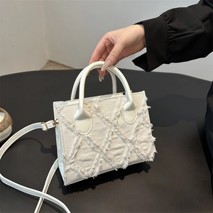 Women Denim Shoulder Bag Frayed Edge Rhombic Pattern Small Square Handbag Distressed Streetwear Casual
