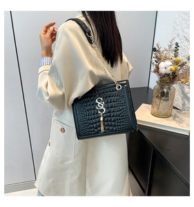 Detail der schwarzen Krokodilleder-Tasche mit goldenem S-Logo und eleganter Kette