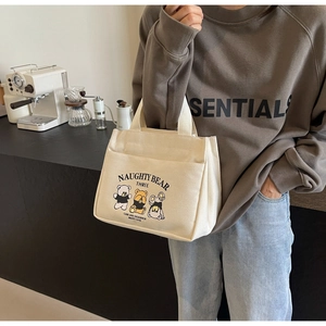 Japanese style cartoon bear canvas tote bag with large capacity and minimalist retro aesthetic