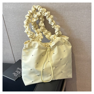 Women Fashion Ruffle Shoulder Bag Large Capacity Fabric Tote Bag With Rhinestones Drawstring Casual Elegant Handbag