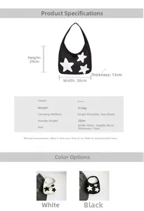Detailed size chart for the star print canvas tote bag showing dimensions and weights