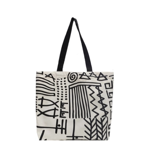 Artistic graffiti canvas tote bag with black abstract geometric patterns for women