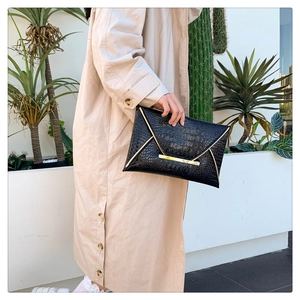 Elegant black crocodile pattern envelope clutch with gold metal trim for women