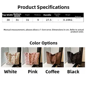 Detailed size specifications and color options for the strawberry printed canvas tote bag