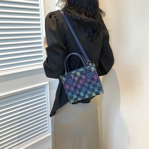 Chic checkered tweed small square crossbody bag with colorful woven patterns and top handles