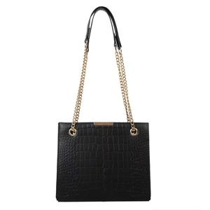 Elegant black crocodile pattern tote bag with gold chain strap on white background
