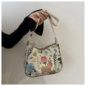 Retro Floral Jacquard Shoulder Hobo Bag Women Large Capacity Versatile Pastoral Style Woven Fabric Crossbody Bag