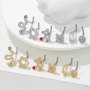 L-shaped copper nose studs in 18K gold and silver plating with zircon animal designs