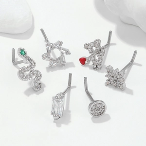 6-piece silver L-shaped nose studs set with animal shapes and cubic zirconia