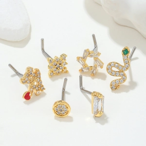 Nose Studs L-Shaped Brass 18K Gold Plated Cubic Zirconia Inlaid Cute Animal Bear Snake Star Piercing Jewelry For Women