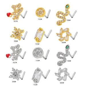 L-shaped gold and silver nose studs with animal and zircon shapes in 12 styles