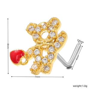 L-shaped gold nose stud with bear and red heart design, paved with sparkling zircons