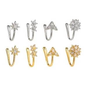 Set of 8 non-pierced nose clips featuring gold and silver plated star and geometric designs