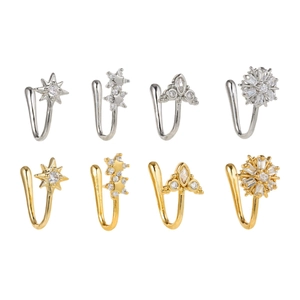 8pcs 18k gold and silver plated non-piercing nose clip set with cubic zirconia stars