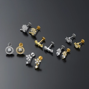 Floral and spider surgical steel labret piercing set with sparkling zircon stones