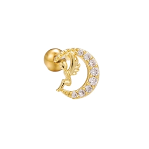 Golden angel and moon wing stud earring with sparkling cubic zirconia on white background
