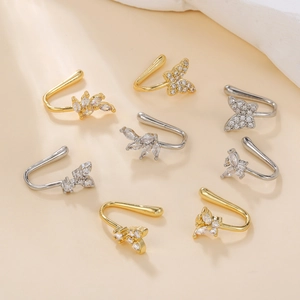 Sparkling butterfly and leaf fake nose rings set in gold and silver finish with zircons