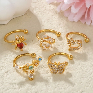 5-piece set of 18K gold-plated ear cuffs featuring spider, butterfly, and gem accents