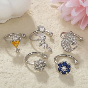 5-piece silver ear cuff set with colorful cubic zirconia in cloud and flower shapes