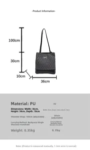 Detailed size chart for gray polka dot tote bag with 36x30x10cm dimensions and PU material