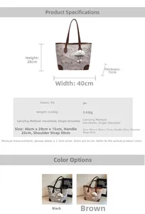 Detailed size chart for the large plaid tote bag with charm in black and brown