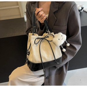 Summer canvas bucket bag with black leather trim and cute plush cloud pendant charm