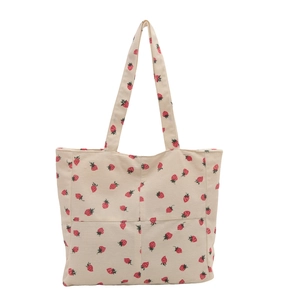 Minimalist corduroy tote bag with strawberry print and large capacity shoulder straps