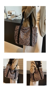 Detailed views of leopard print canvas tote bag with side pockets and black straps
