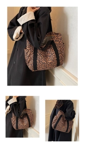 Detail shots of a large leopard print canvas tote bag with black straps and side pockets