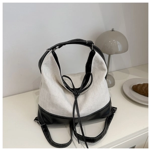 Women Minimalist Canvas Tote Bag With Bow Detail Large Capacity Contrast Stitching Shoulder Bag PU Leather Splicing Casual Travel Handbag